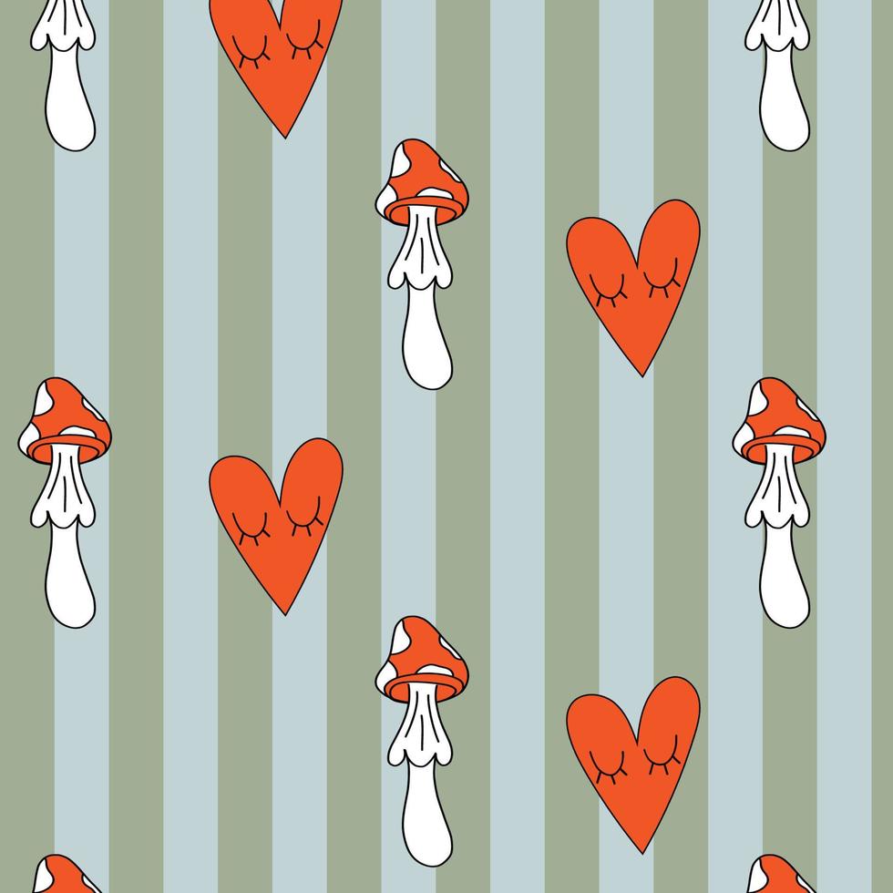 Abstract mushrooms 70s retro pattern. 70s vibes background vector