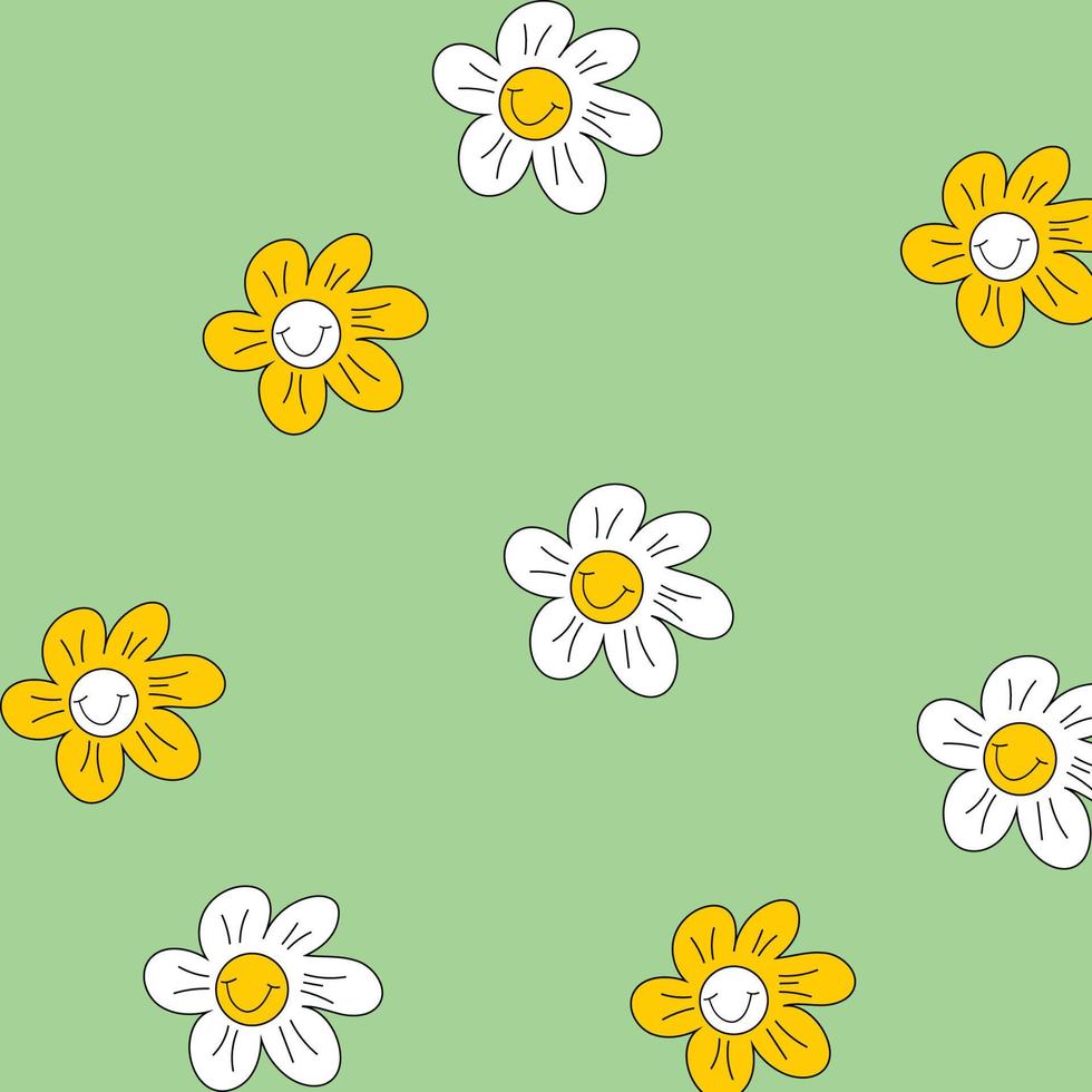 Groovy chamomileseamless pattern. Vector hand drawn trendy cartoon illustration. Hippie smile face,chamomile flower, hippy, 60s, 70s