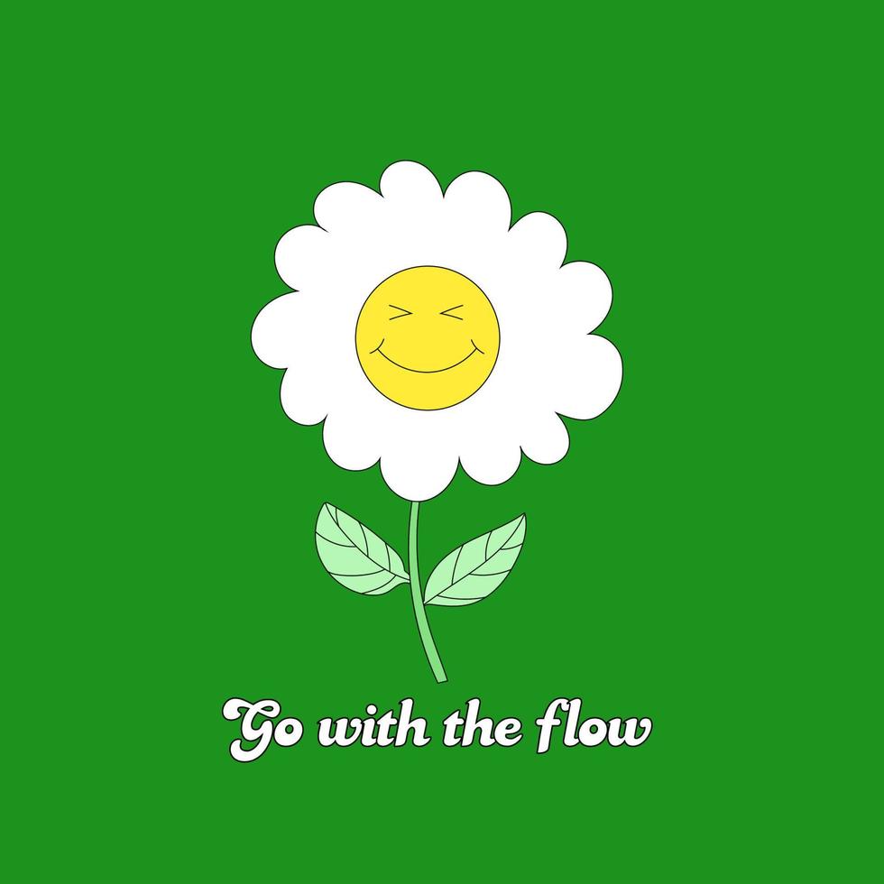 Go with the flow. handwritten modern calligraphy. Face with chamomile flowe inside. Retro 70s smiley emoji vector