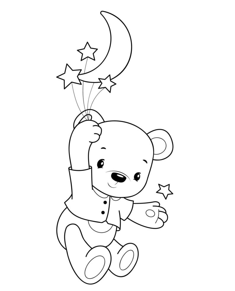 Teddy bear black and white outline illustration. Coloring book or page for kids vector