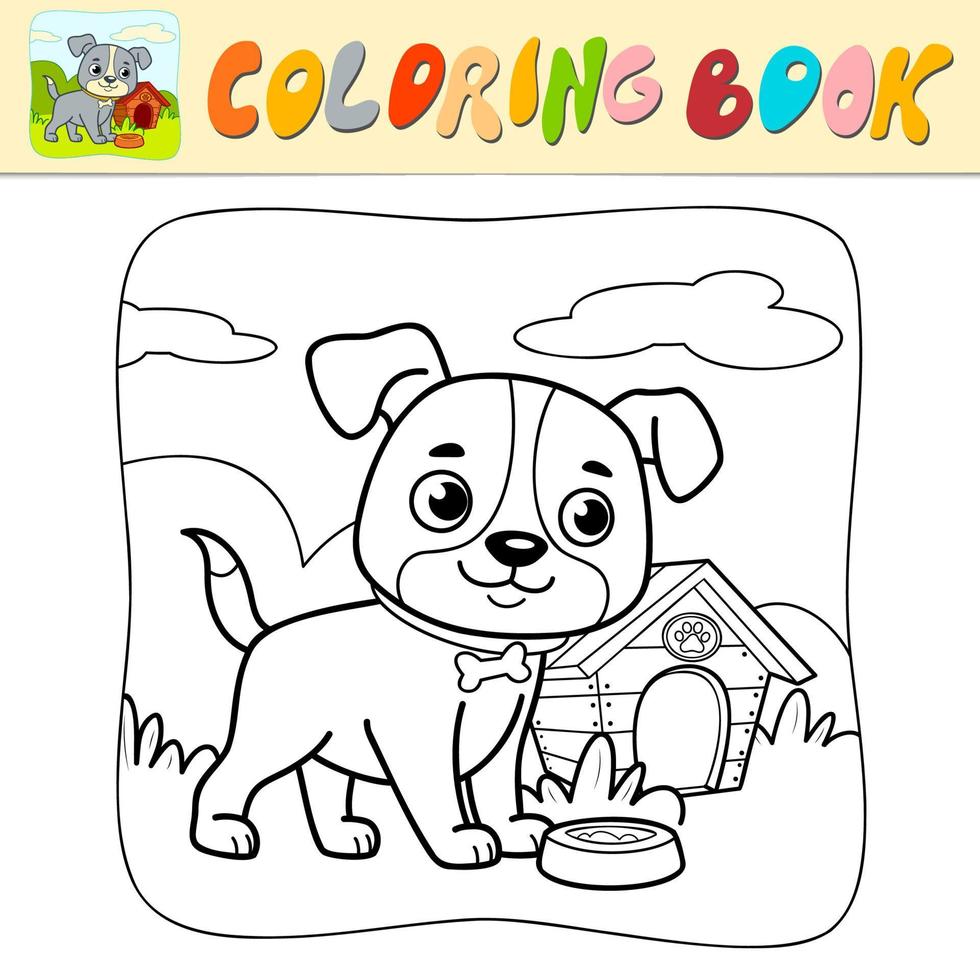 Coloring book or Coloring page for kids. Dog black and white vector. Nature background vector
