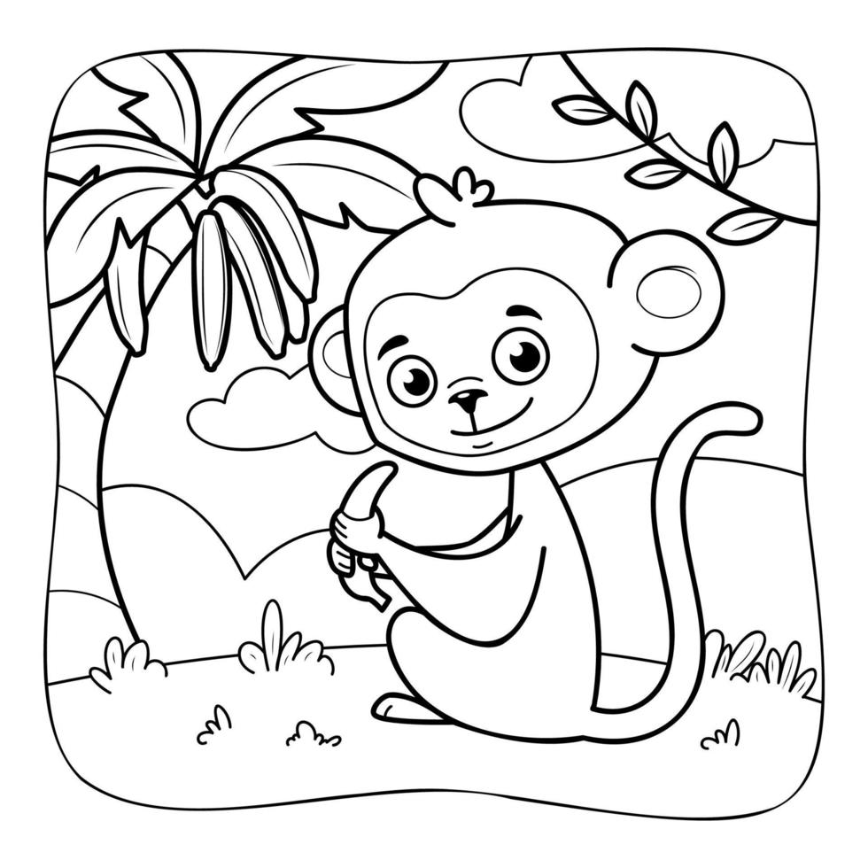 Monkey black and white. Coloring book or Coloring page for kids. Nature background vector