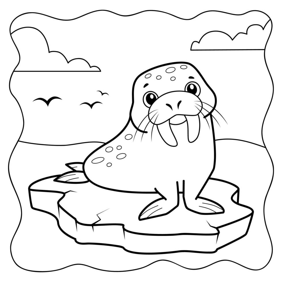 Walrus black and white. Coloring book or Coloring page for kids. Marine background vector