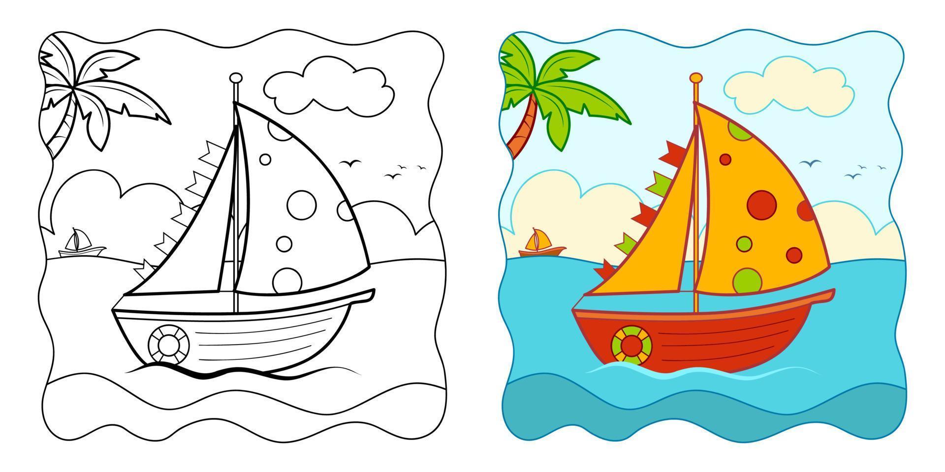 Coloring book or Coloring page for kids. Boat vector clipart. Nature background.