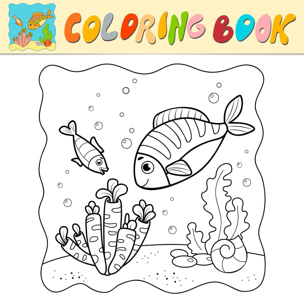 Coloring book or Coloring page for kids. Fish black and white vector. Marine background vector