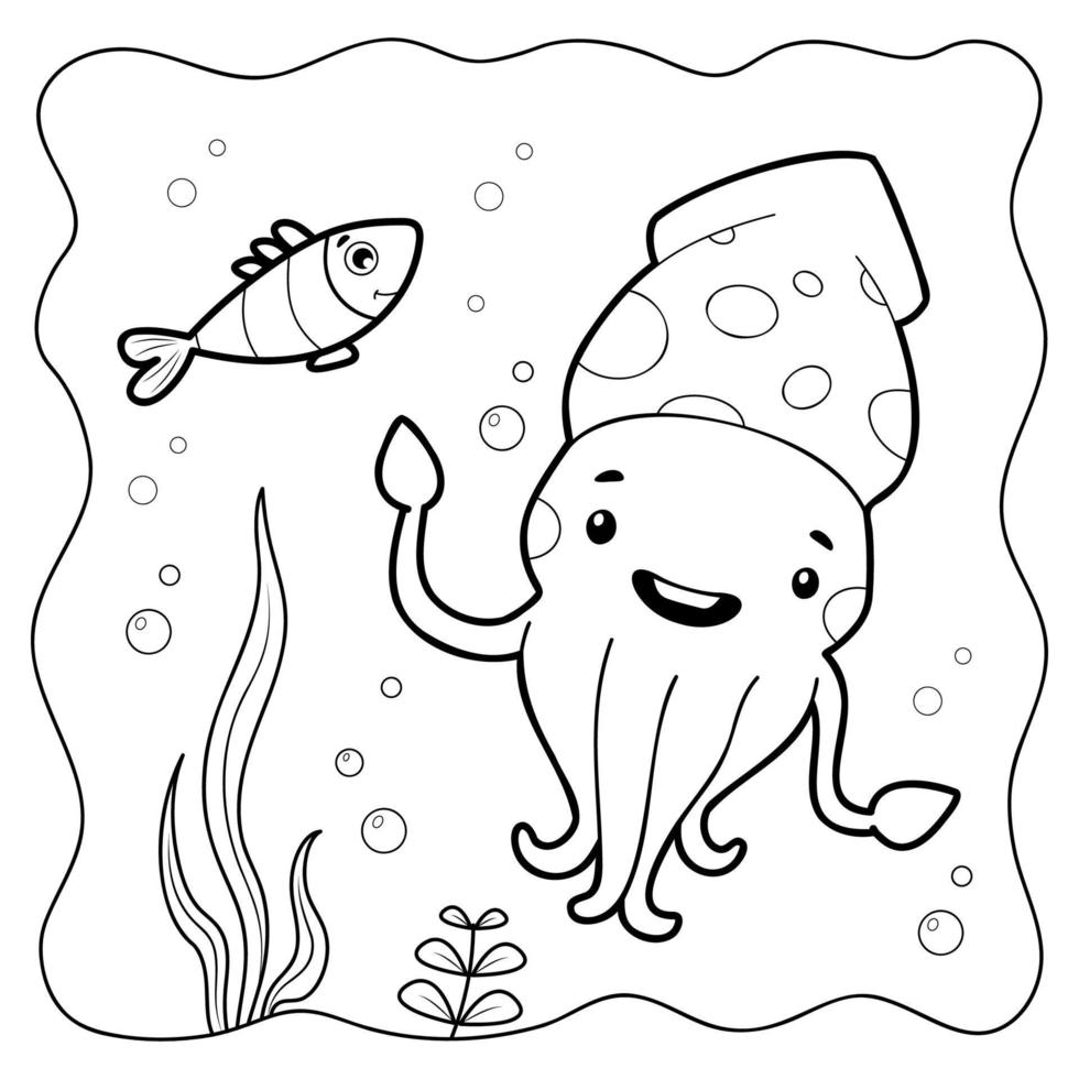 Squid black and white. Coloring book or Coloring page for kids. Marine background vector