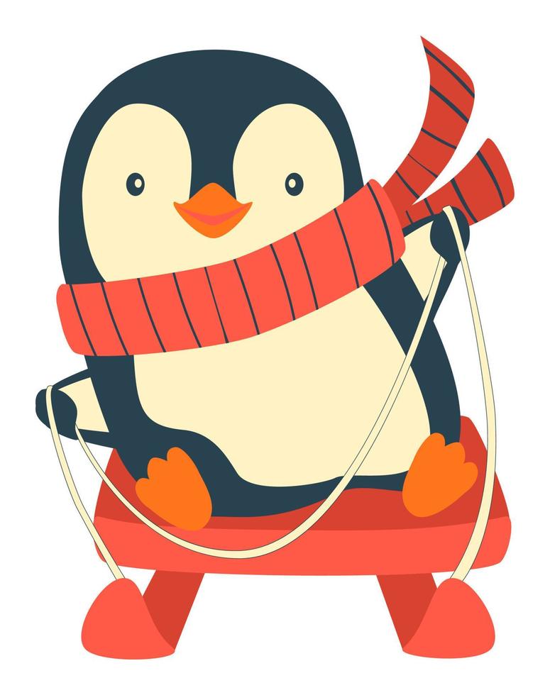 Penguin on sled. Penguin sledding cartoon vector illustration.