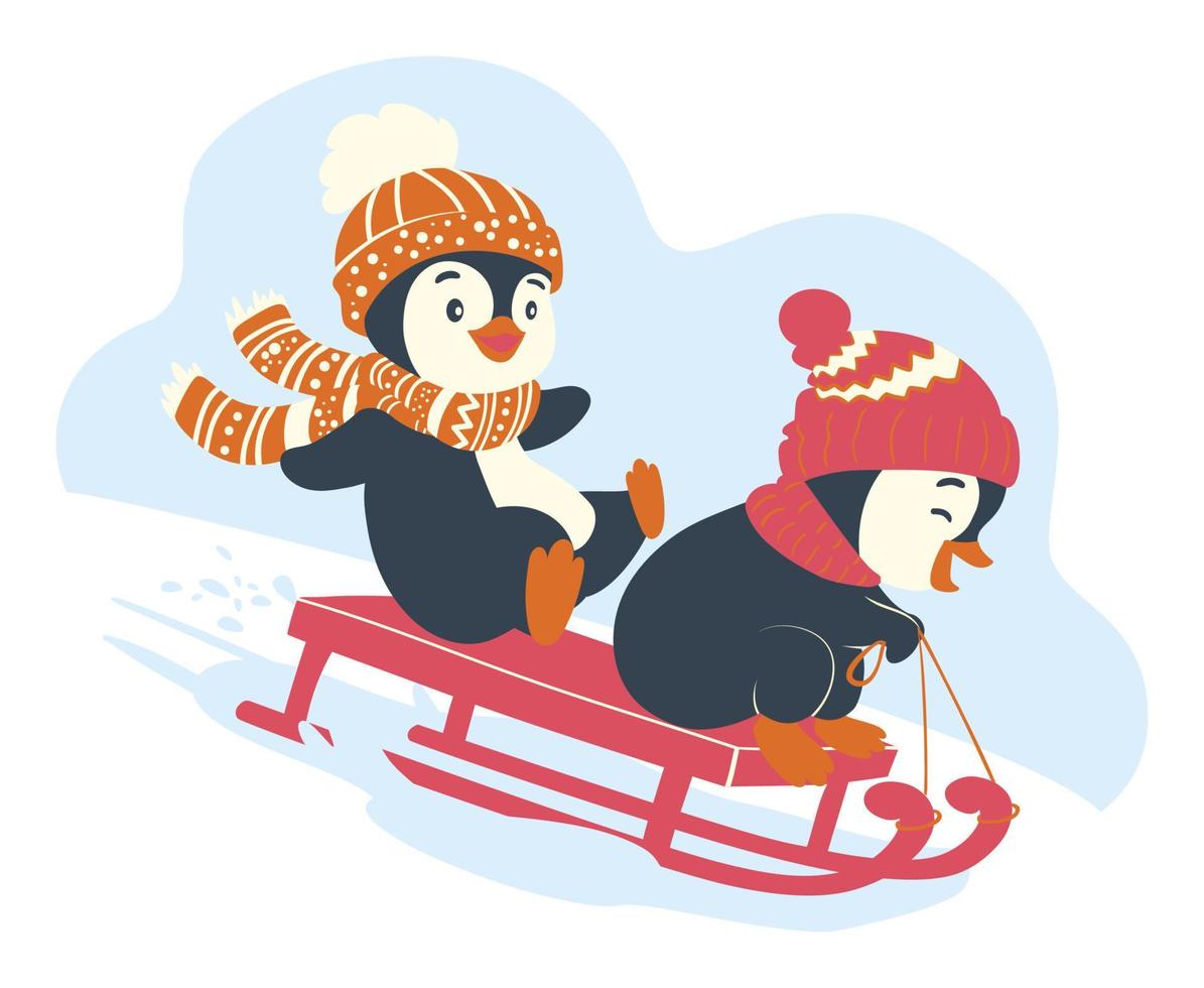 divertidos pingüinos en trineo. pingüinos de navidad montan en un trineo vector