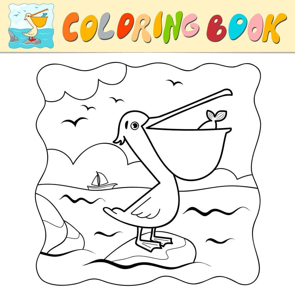 Coloring book or Coloring page for kids. Pelican black and white vector. Nature background vector