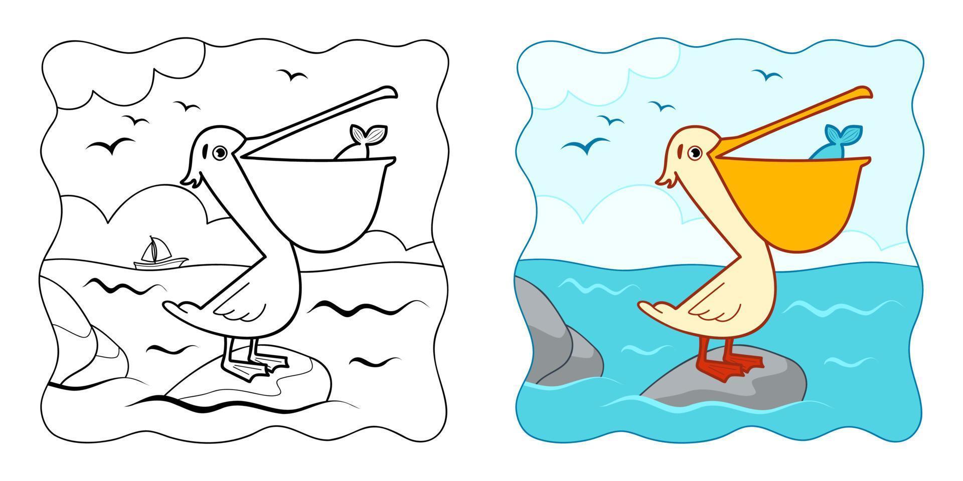 Coloring book or Coloring page for kids. Pelican vector clipart. Nature background.
