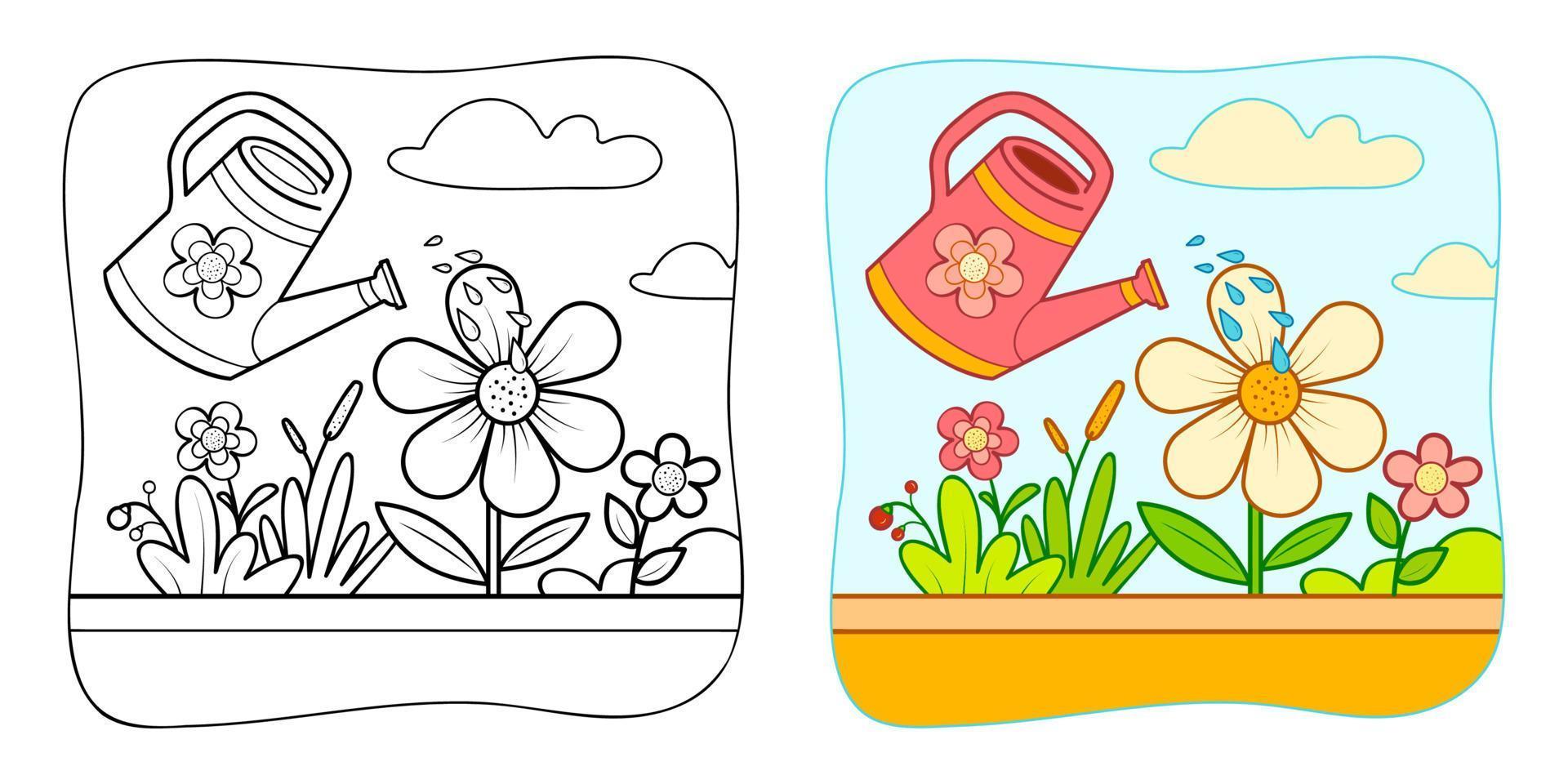Coloring book or Coloring page for kids. Flowers and watering can vector clipart. Nature background.