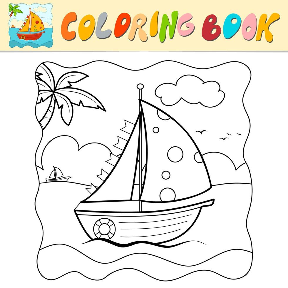 Coloring book or Coloring page for kids. Boat black and white vector. Nature background vector