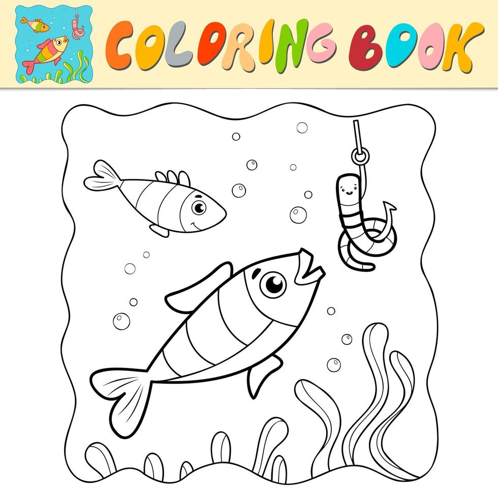 libro para colorear o página para colorear para niños. pescado vector blanco y negro. fondo marino