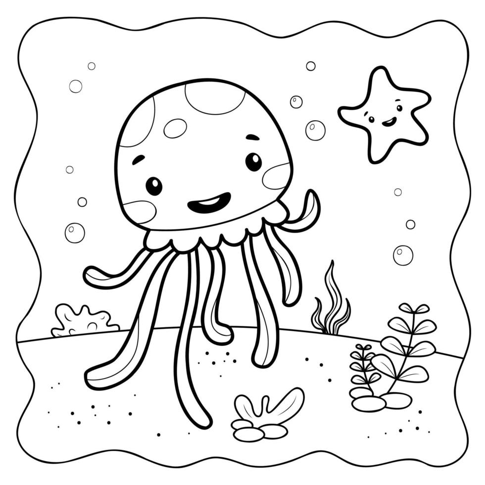 Jellyfish black and white. Coloring book or Coloring page for kids. Marine background vector