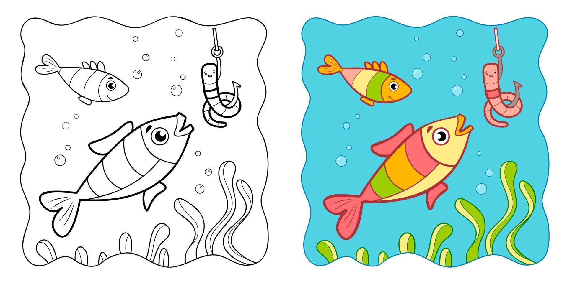 fondo marino. libro para colorear o página para colorear para niños. Imágenes Prediseñadas de vector de pescado