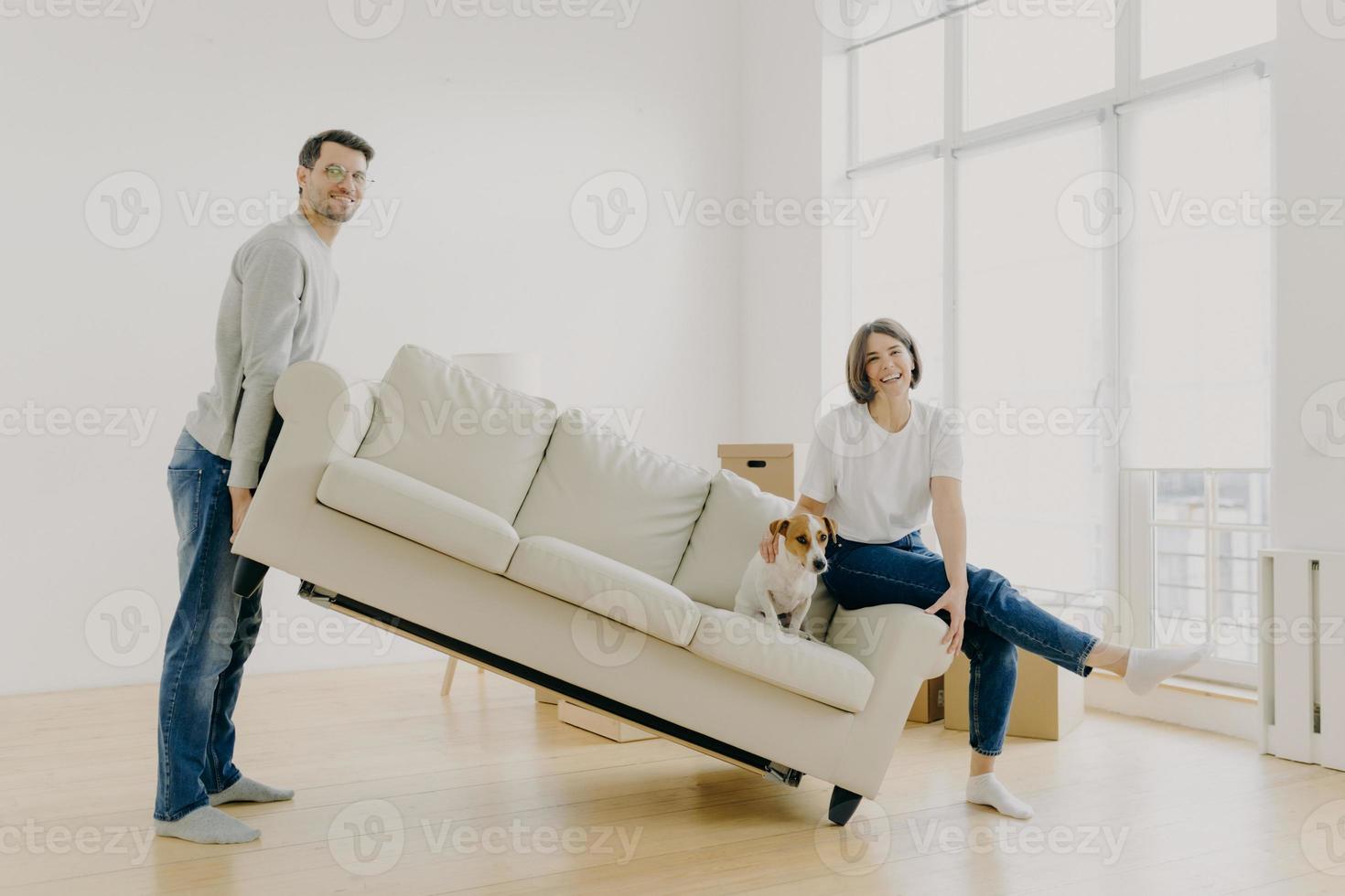 mudarse a un nuevo hogar. el esposo y la esposa llevan un sofá, amueblan la sala de estar después de la renovación, felices de comprar un apartamento, una encantadora mascota posa en el sofá, trabajan juntos como equipo, colocan muebles en una habitación vacía foto