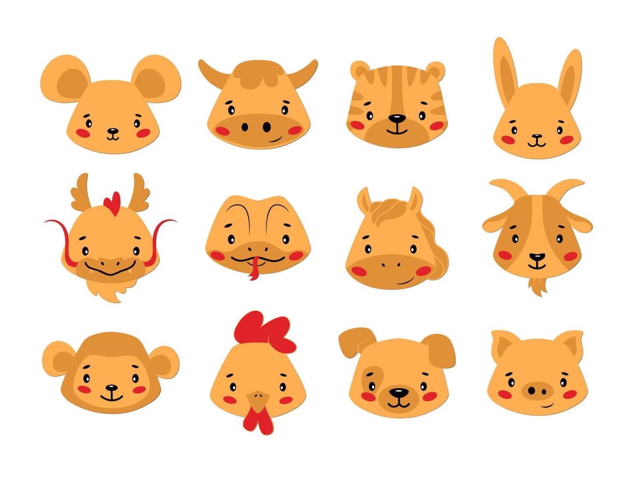 Chinese zodiac sign set. 12 Chinese new year animal vector