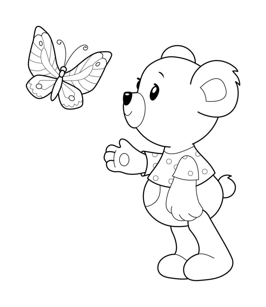 Teddy bear black and white outline illustration. Coloring book or ...