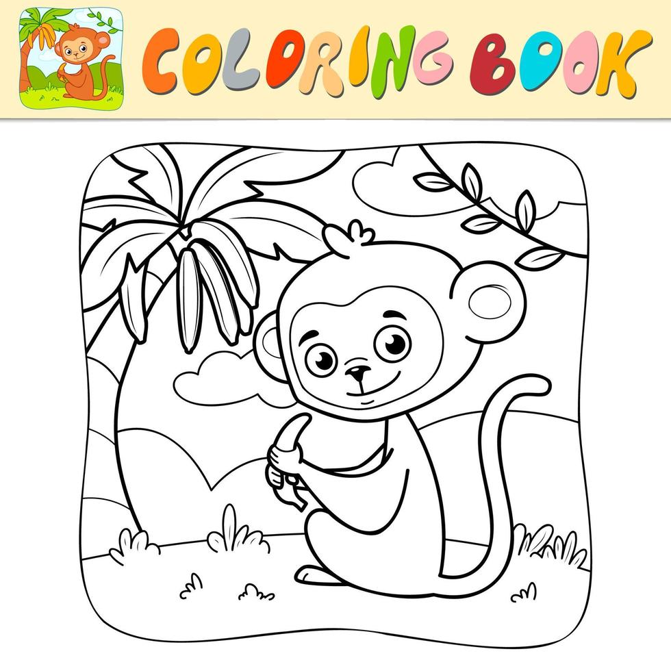 Coloring book or Coloring page for kids. Monkey black and white vector. Nature background vector