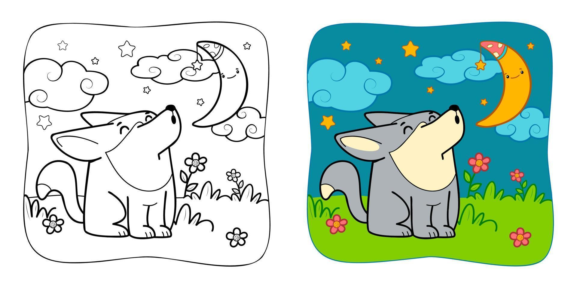 Coloring book or Coloring page for kids. Wolf vector clipart. Nature background.