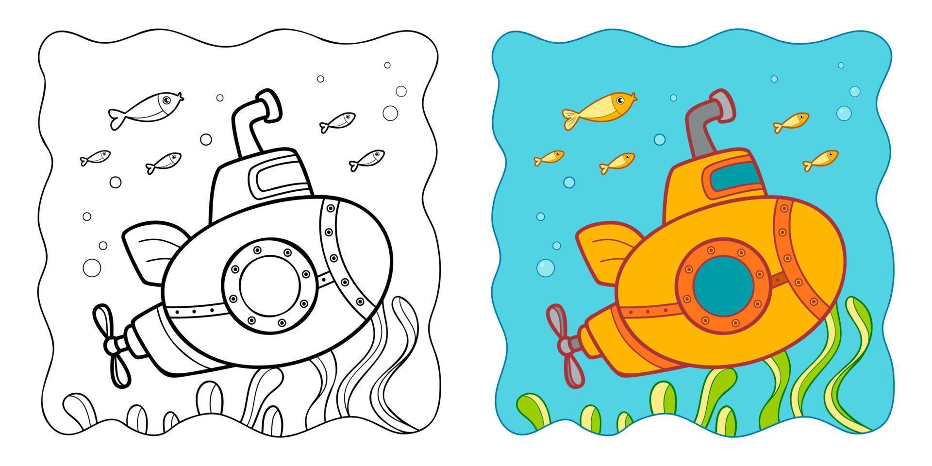 Coloring book or Coloring page for kids. Submarine vector clipart. Nature background.