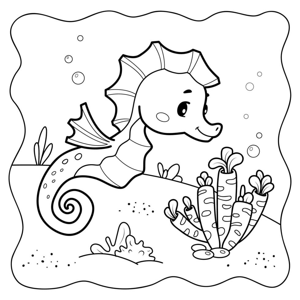 Sea Horse black and white. Coloring book or Coloring page for kids. Marine background vector