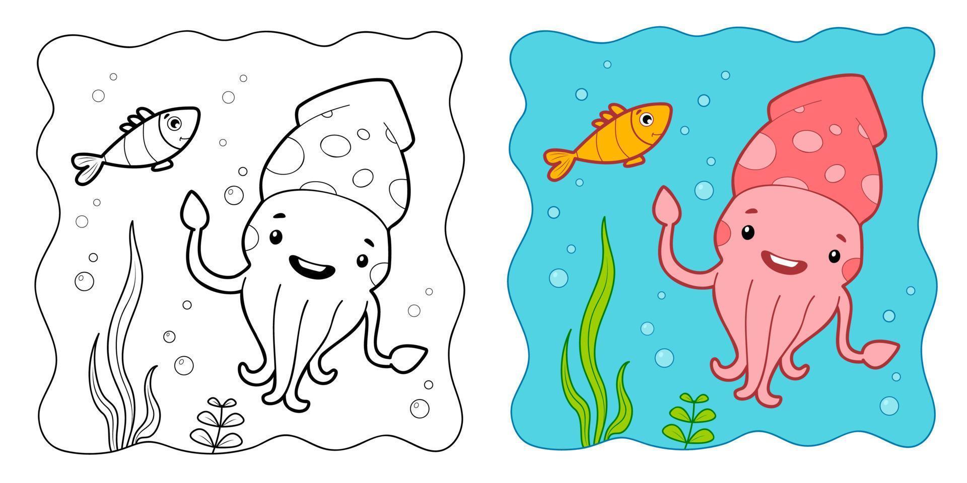 Marine background. Coloring book or Coloring page for kids. Squid vector clipart