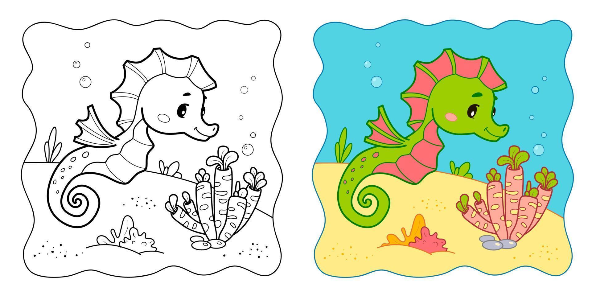 fondo marino. libro para colorear o página para colorear para niños. Imágenes Prediseñadas de vector de caballito de mar