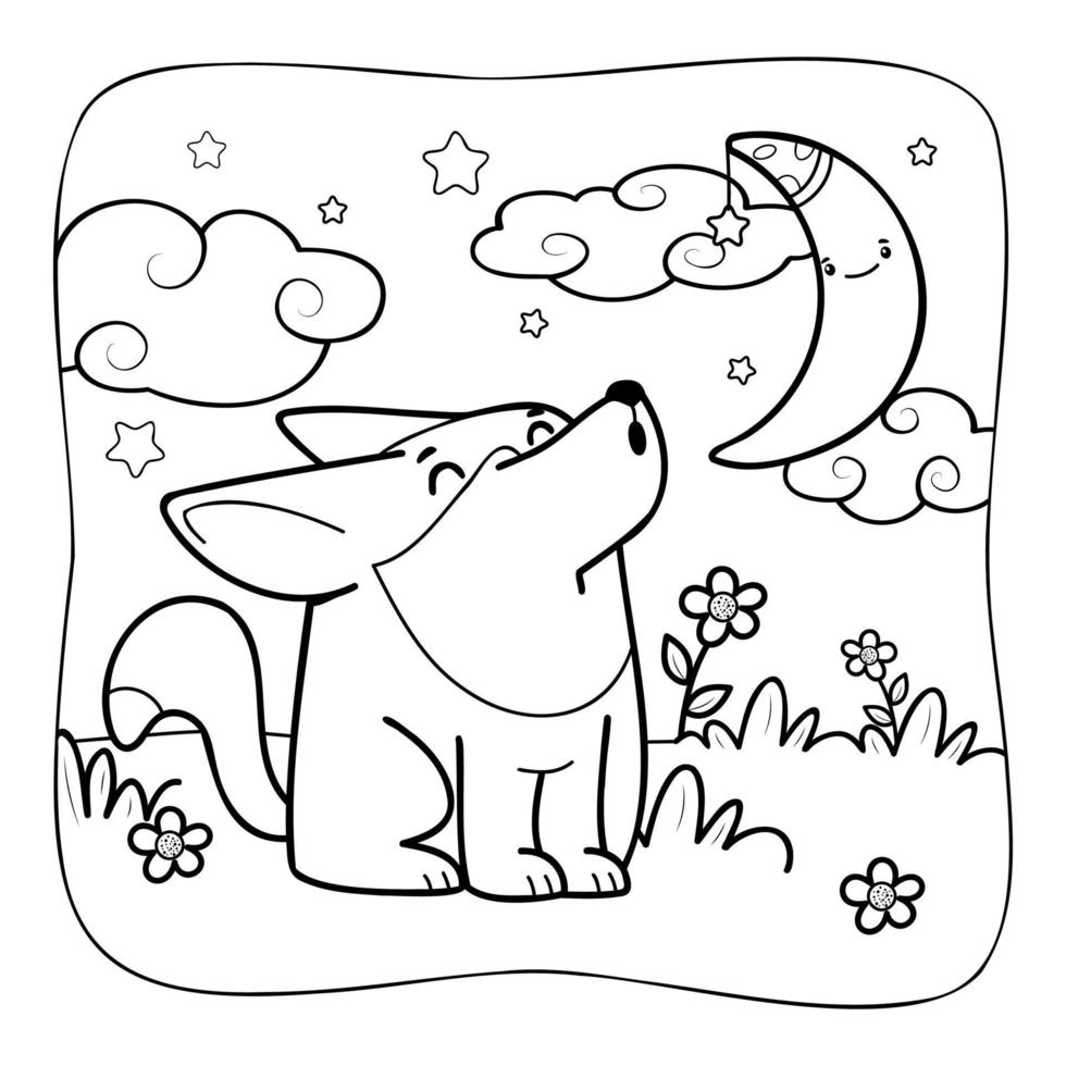 Wolf black and white. Coloring book or Coloring page for kids. Nature background vector