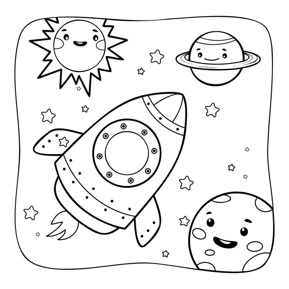 Space rocket black and white. Coloring book or Coloring page for kids. Nature background vector