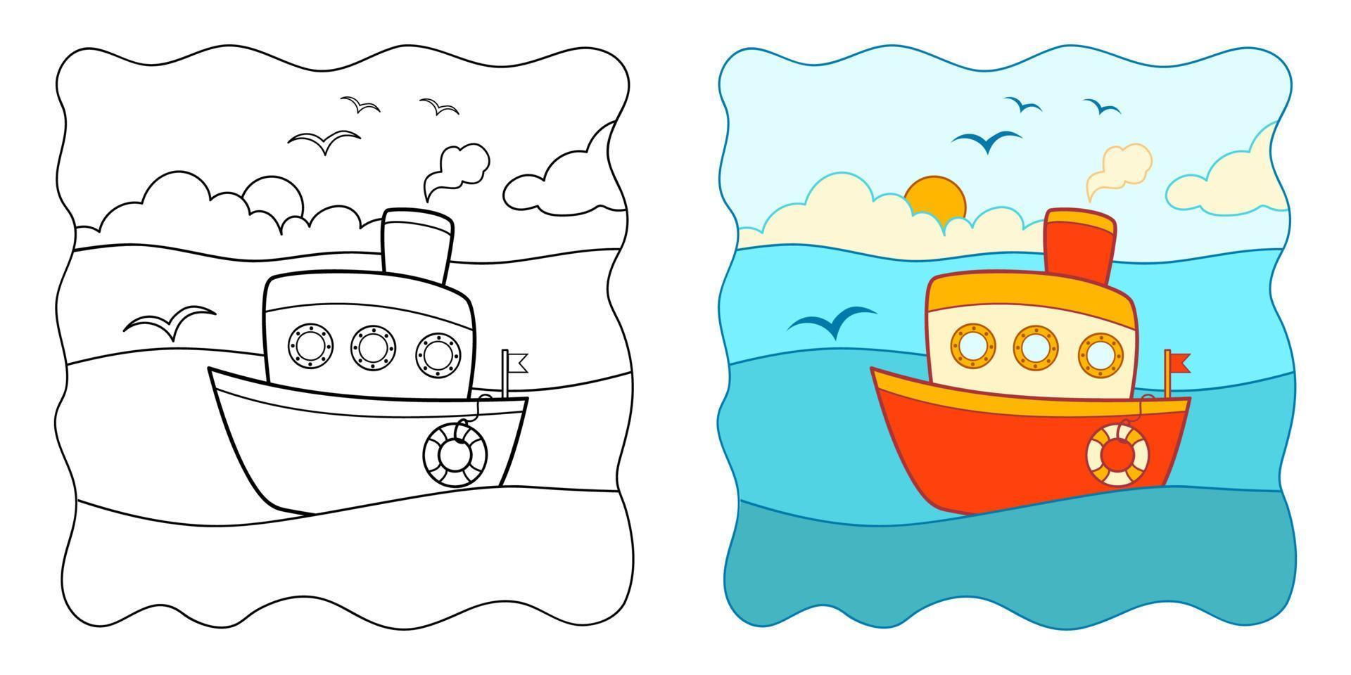 Coloring book or Coloring page for kids. Ship vector clipart. Nature background.