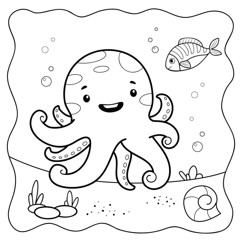 Octopus black and white. Coloring book or Coloring page for kids. Marine background vector