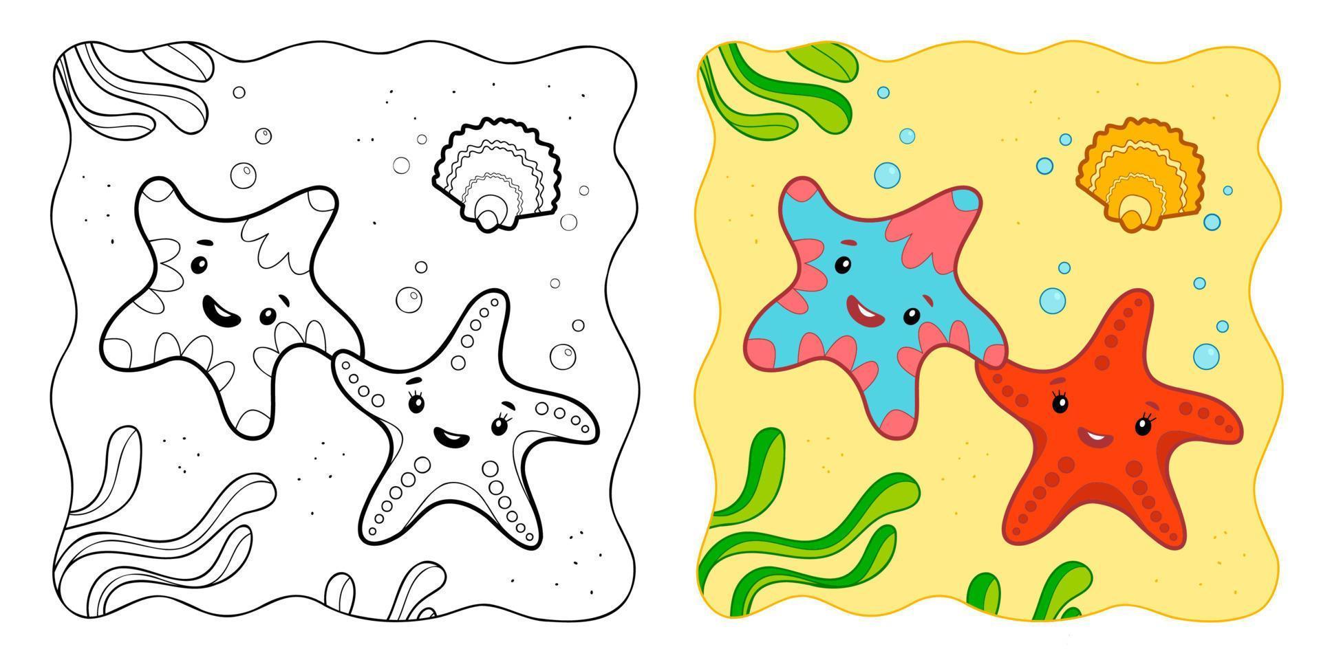 Marine background. Coloring book or Coloring page for kids. Starfish vector clipart