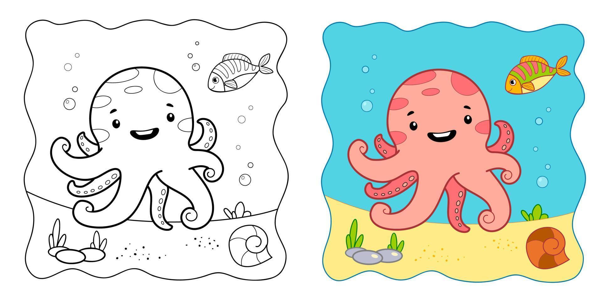 fondo marino. libro para colorear o página para colorear para niños. Imágenes Prediseñadas de vector de pulpo