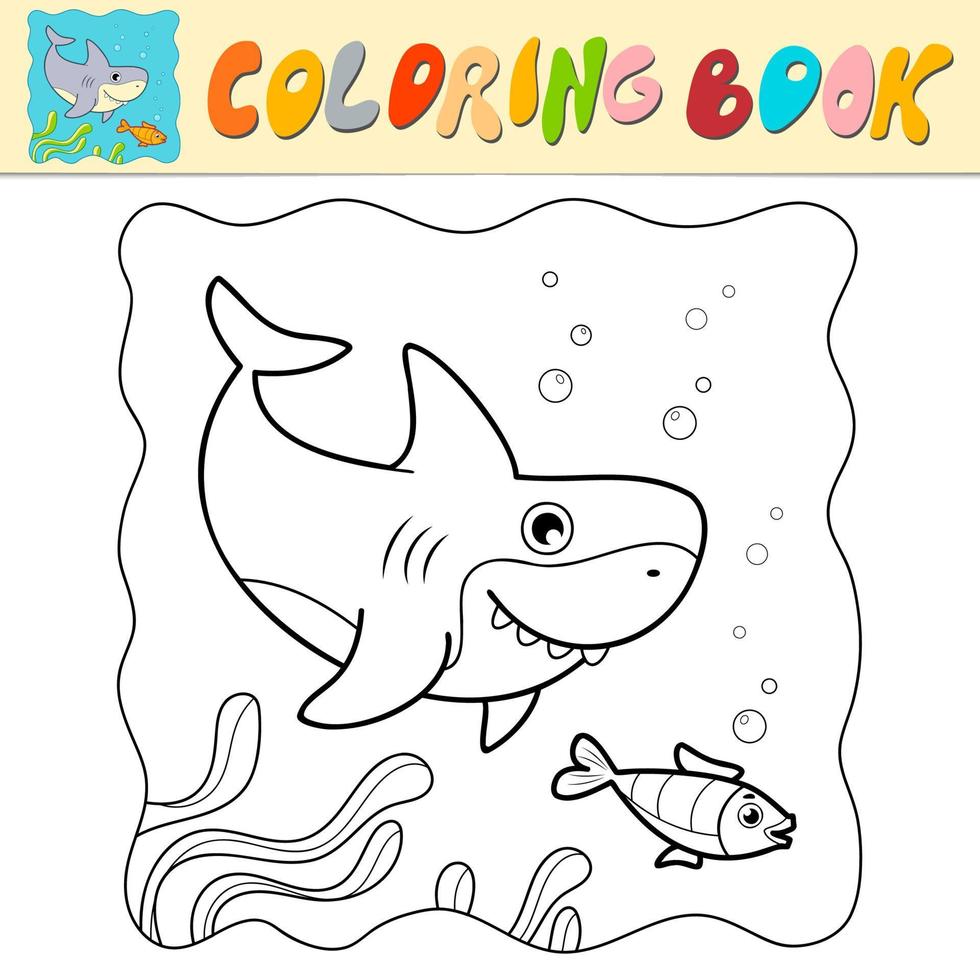 Coloring book or Coloring page for kids. Shark black and white vector. Marine background vector