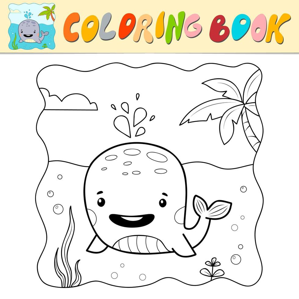 Coloring book or Coloring page for kids. Whale black and white vector. Marine background vector