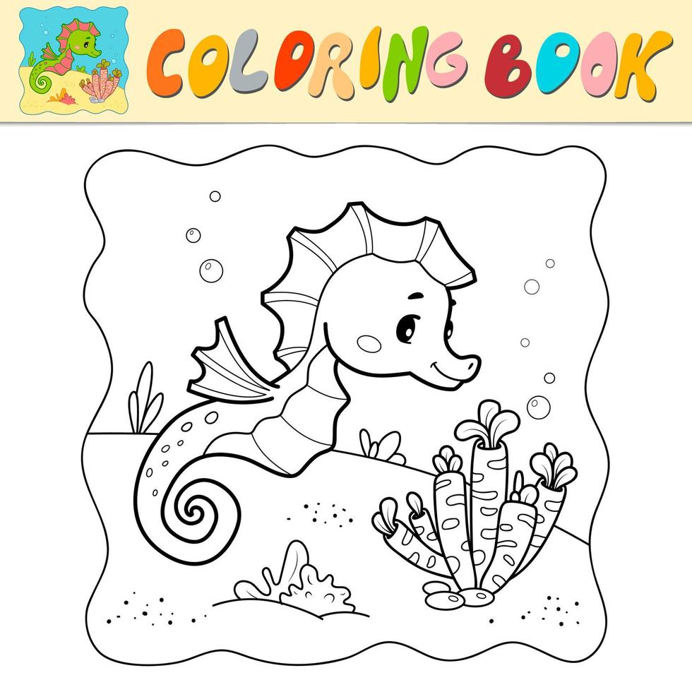Coloring book or Coloring page for kids. Sea Horse black and white vector. Marine background vector