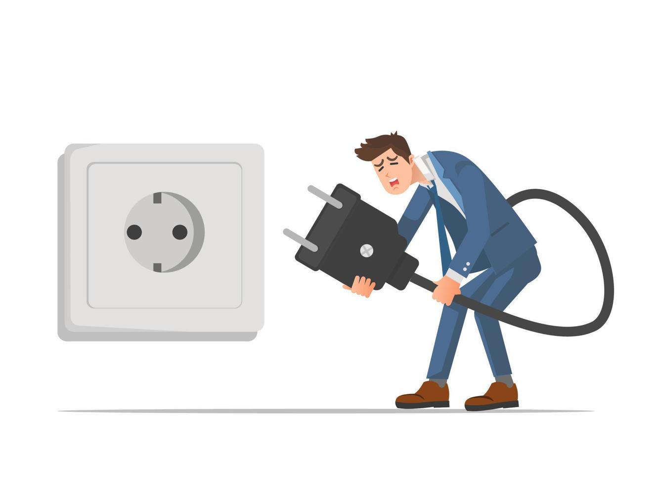 Businessman who is exhausted and looking for an outlet to recharge vector