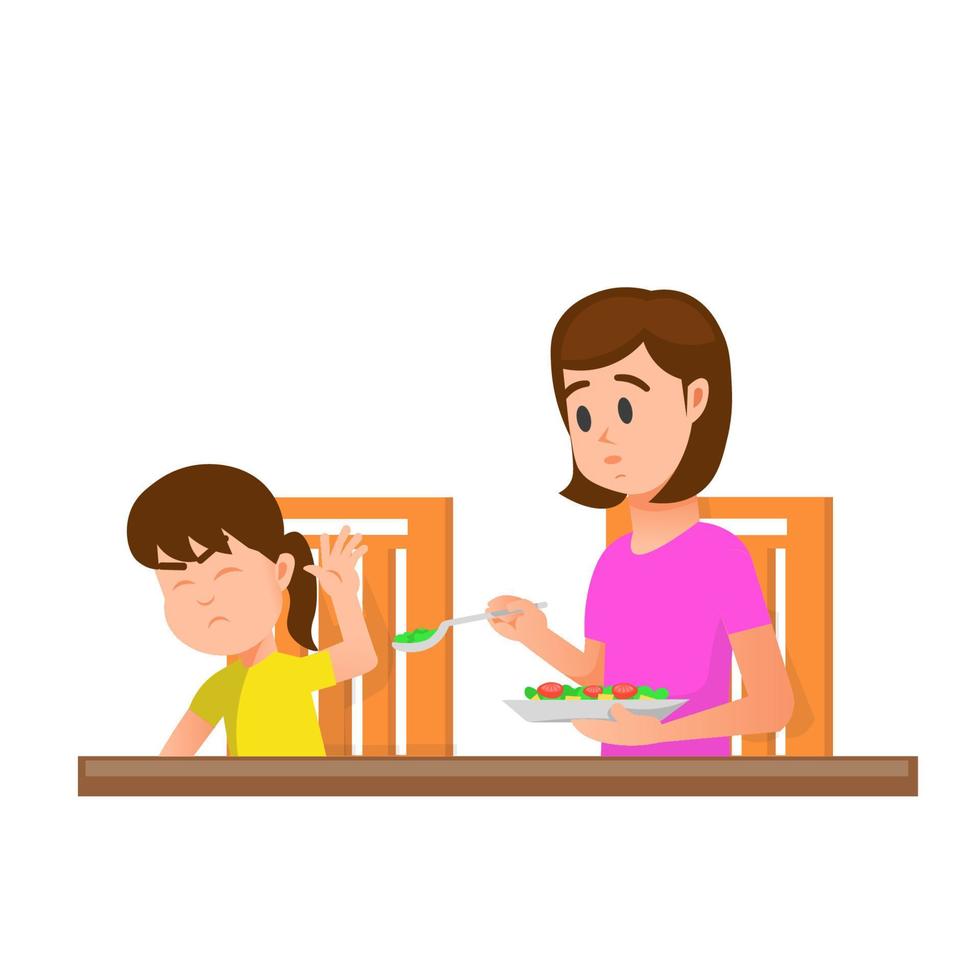 A mother is sad because her daughter doesn't want to eat vegetables vector