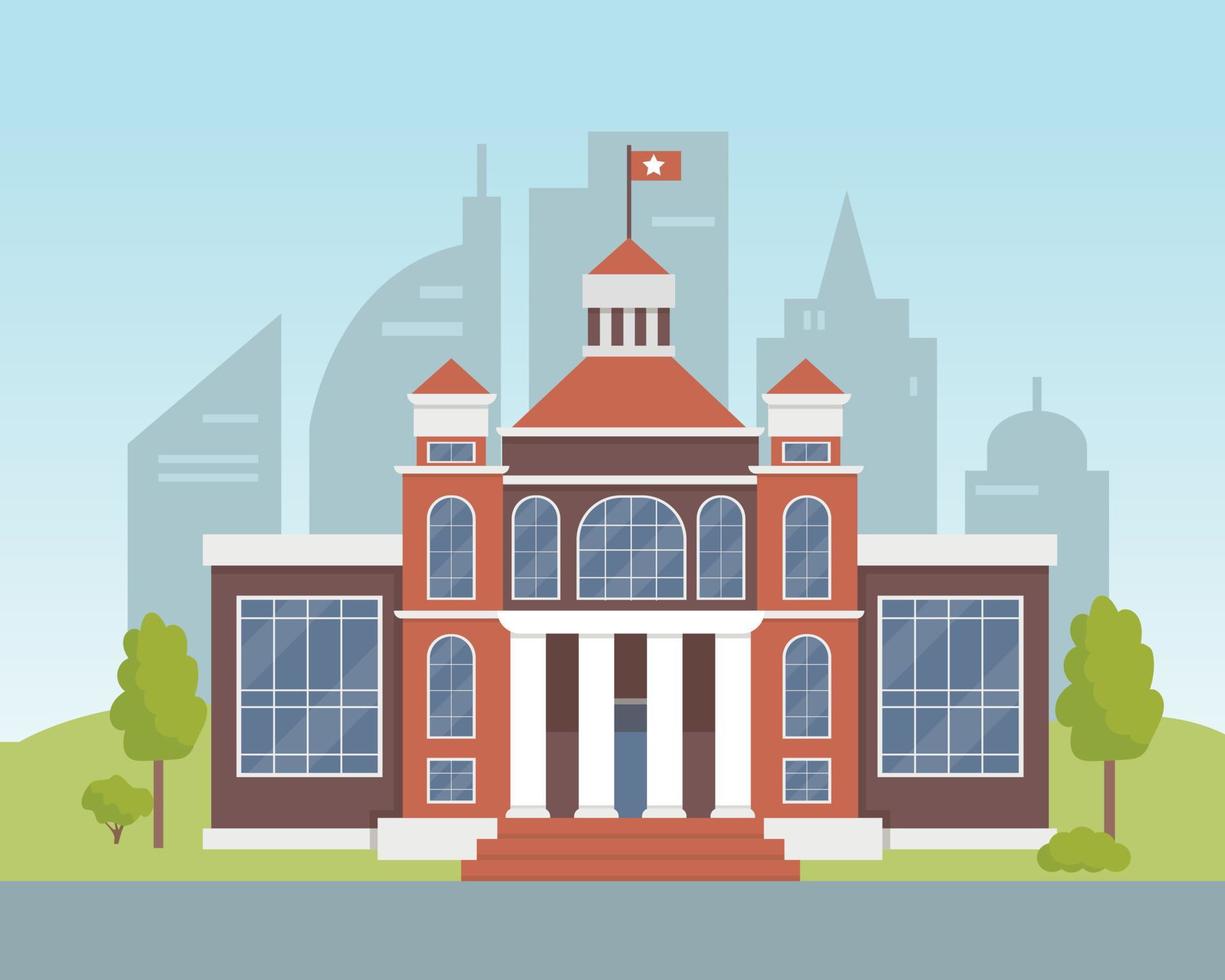 Court house, bank, university or government institution exterior. Public building with high columns in modern city. Cityscape vector icon illustration.