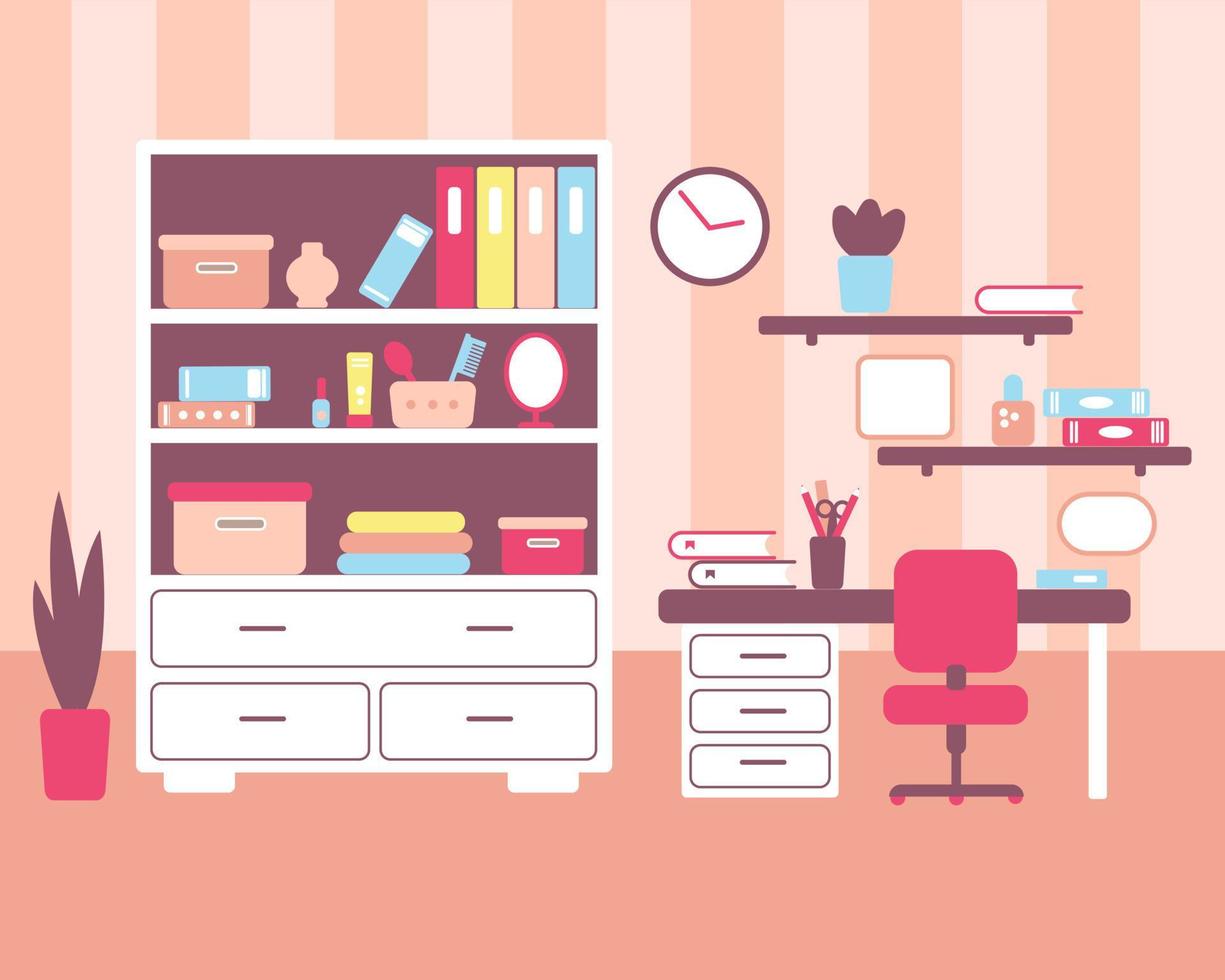 Girl room with workplace interior. Bookcase, desk, chair, clock in flat stile. vector