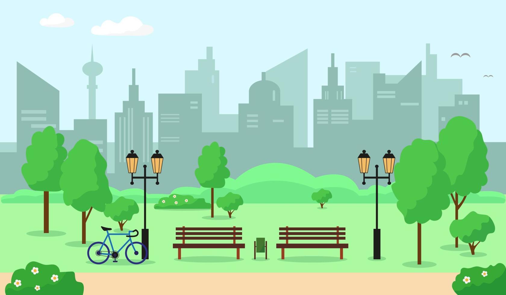 City park with trees, bench, flowers and buildings. Spring or summer landscape background vector illustration.