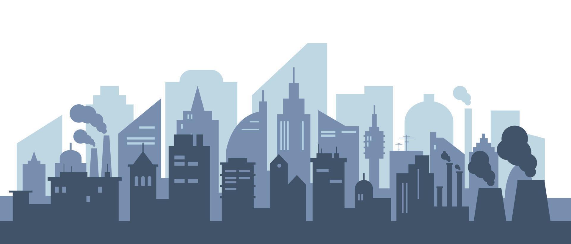 Cityscape with big modern buildings. Silhouette of modern city with skyscrapers, factories and plants. Pollurion of cities concept. Urban landscape vector illustration.