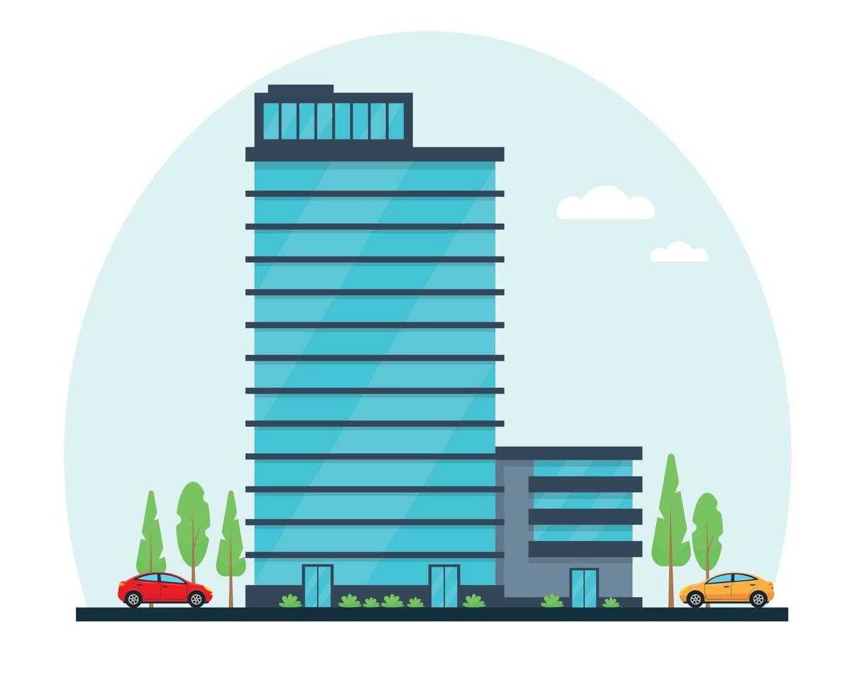 Modern city building with cars and trees. Facade of skyscraper or business cener. Vector illustration in flat style.