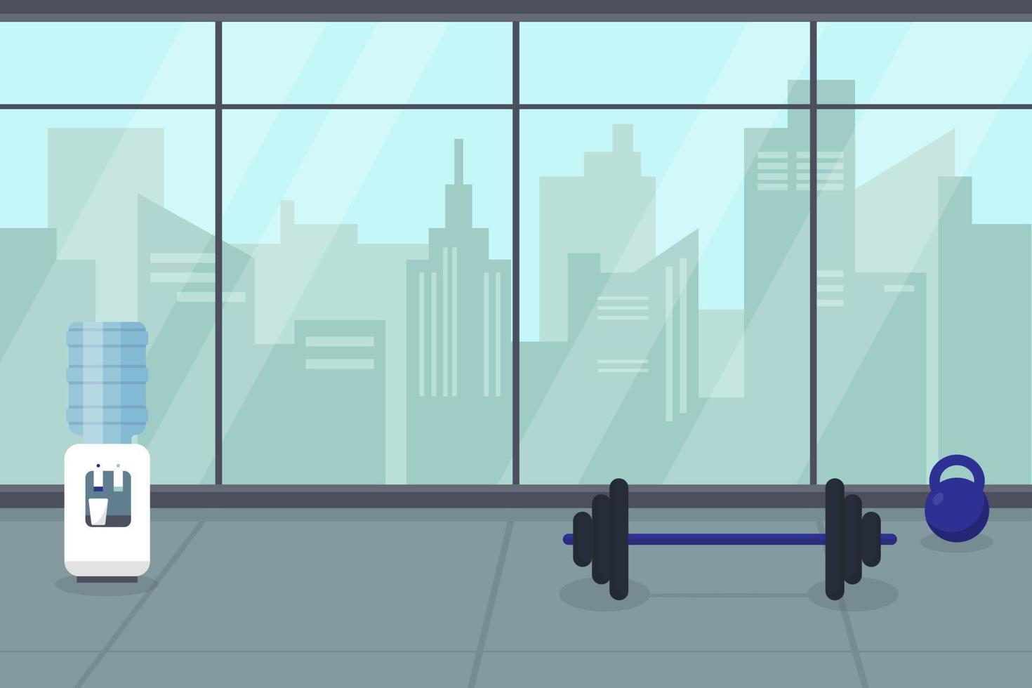 moderno gimnasio vacío o sala de fitness con gran ventana panorámica y vistas a la ciudad. Ilustración de vector de concepto interior.