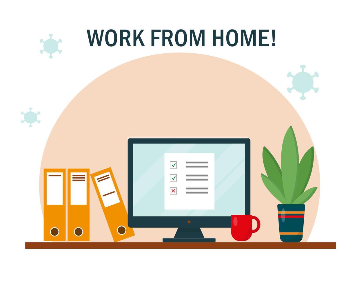 Work from home concept. Workplace with desk and computer. Home office, freelance or online working banner or background. Vector illustration.