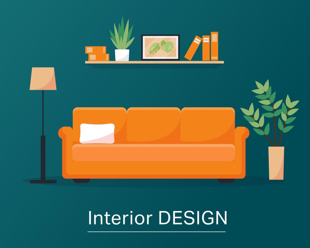 sofá amarillo, lámpara, planta y estantería. concepto de diseño de interiores o fondo. ilustración vectorial en estilo plano. vector