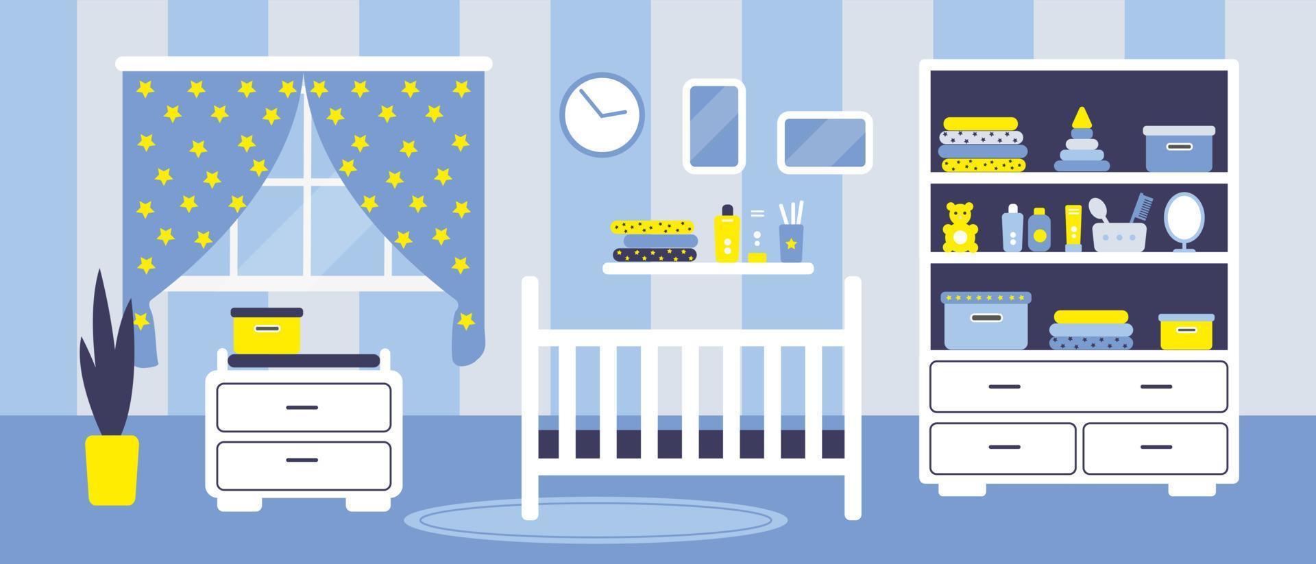 Boys baby room with furniture. Cozy interior in flat stile. Vector illustration.