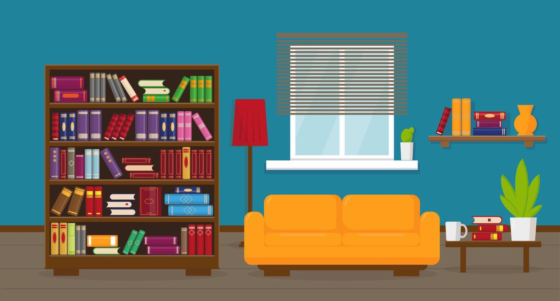salón o apartamento con estantería, sofá, mesa, lámpara, estanterías y ventana. concepto de interiores. vector