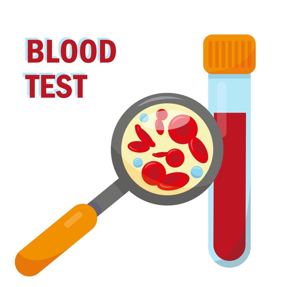 Magnifying glass and test tube with blood. Medical concept. Vector illustration.